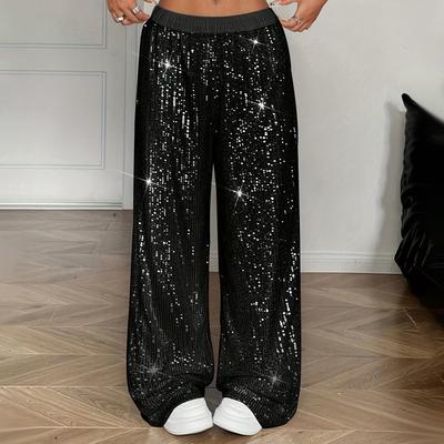 Pantalones Anchos Negros de Lentejuelas para Mujer Cintura Elástica Brillantes Sueltos Pantalones de Fiesta