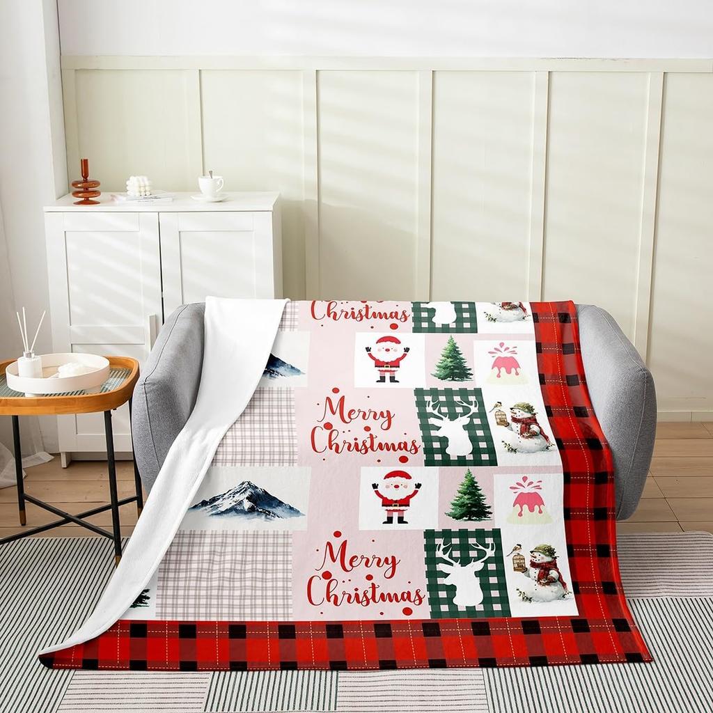 Xmas Grids Flannel Blanket Warm Lightweight,Merry Christmas Theme Warm Blanket for Couch Sofa Decor,Cartoon Santa Claus Warm