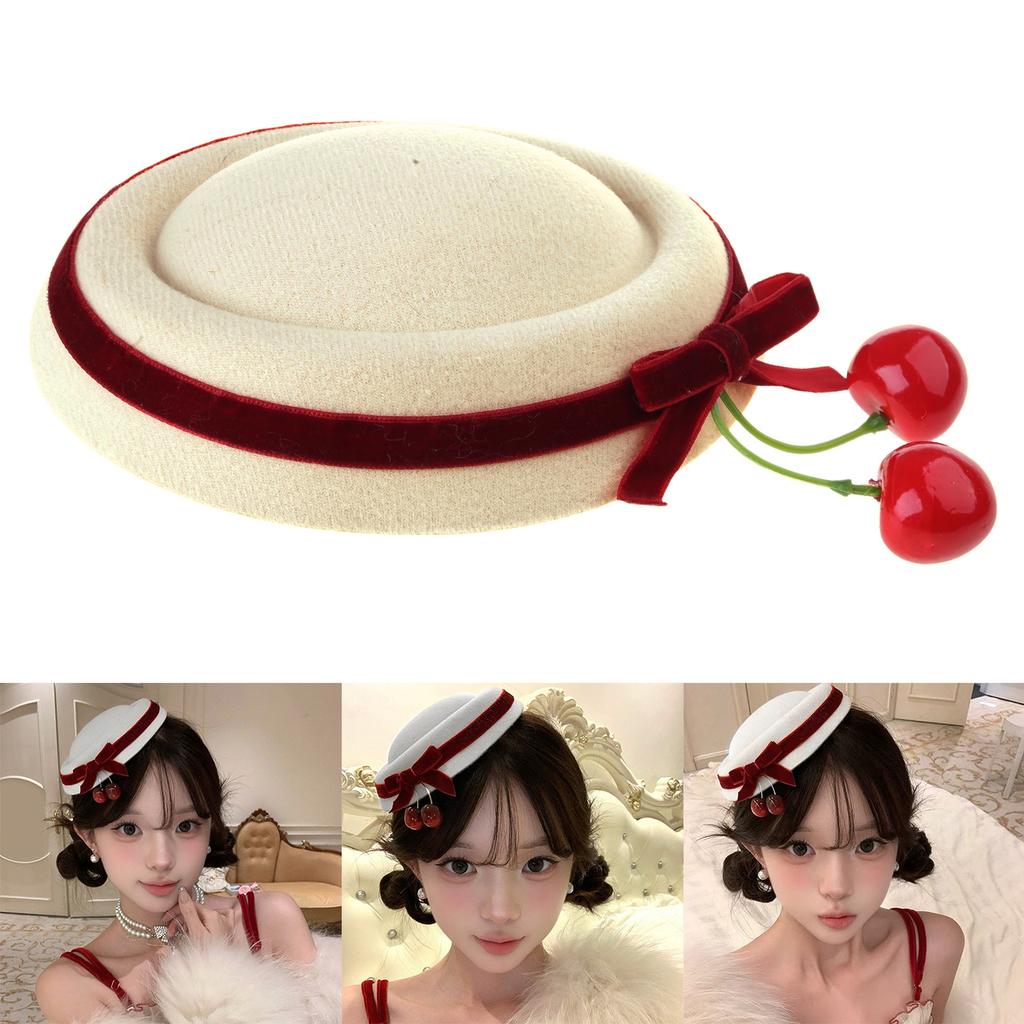 Cherry Bowknot Small Hat Hair Clip for Women Girl Sweet Beret Hat Head Accessory For Evening Party And Everyday Wear