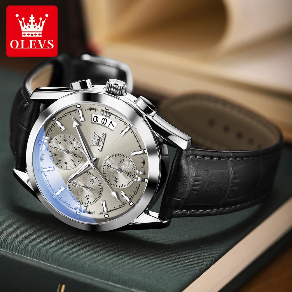 OLEVS Men Leather Quartz Watches Waterproof Wristwatches Men Sports Chronograph with Luminous Pointers Watches for Men