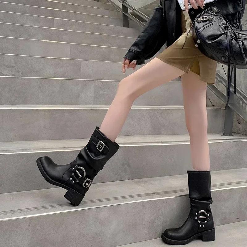 Fashion 2024 New Knee High Platfrom Studded Spring Summer Knight Combat Gothic Elegant Medium Heel Women's Shoes Motorcycle Footwear