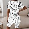 Women Plus Size Round Neck Short Sleeve Music Note Printed Two Piece Shorts Set