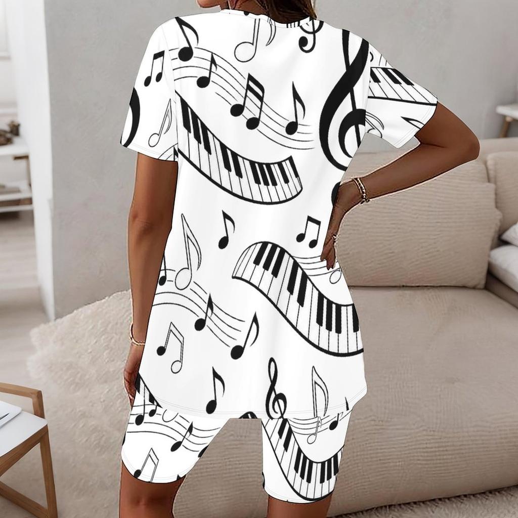 Women Plus Size Round Neck Short Sleeve Music Note Printed Two Piece Shorts Set