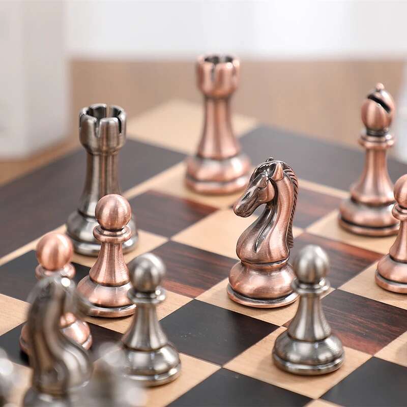 High-End Metal Chess Pieces, Wooden Chessboard, 38Cm/15Inch, Large Foldable Classic Game Collection For Chess Enthusiasts