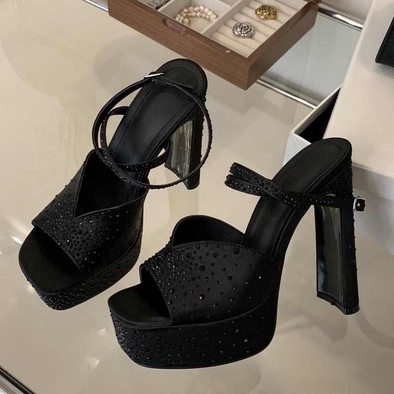 

Eilyken New Design Crystal Shallow Square Toe Woman Sandals Sexy High Heels Ankle Buckle Strap Party Banquet Shoes 35