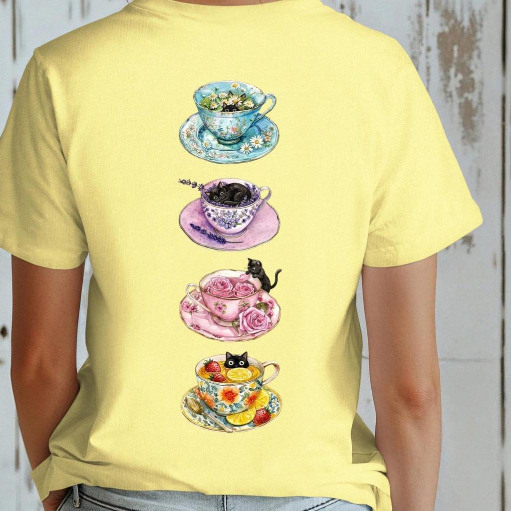 Cat Teacup Shirt, Floral Cat Tea Tee, Cottagecore CaT shirt, Cute Kitten Teacup Tee, Funny CaT shirt, Cute Black CaT shirt, Flower Tea Shirt