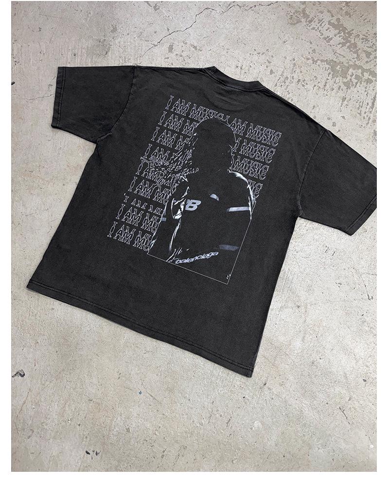 Playboi Carti Print Washed Short-Sleeve Crew Neck Hooded Sweatshirt