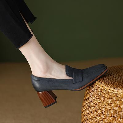 Fashion 2024 Spring New GENUINE LEATHER Women Shoes LEISURE Women Slip-On Shallow Pumps Square Toe Heels Shoes Women Zapatos De Mujer