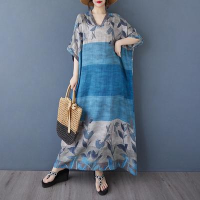 Real Summer New Color Vacation Style Travel V-neck Retro Long Dress Covering Meat Cotton and Linen Dress Women's Clothing