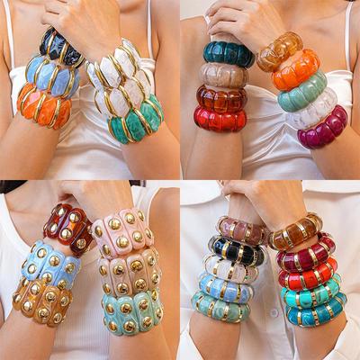 High-End European & Asian Gradient Acrylic Patchwork Bangle - Retro Exaggerated Style Wristband for Women