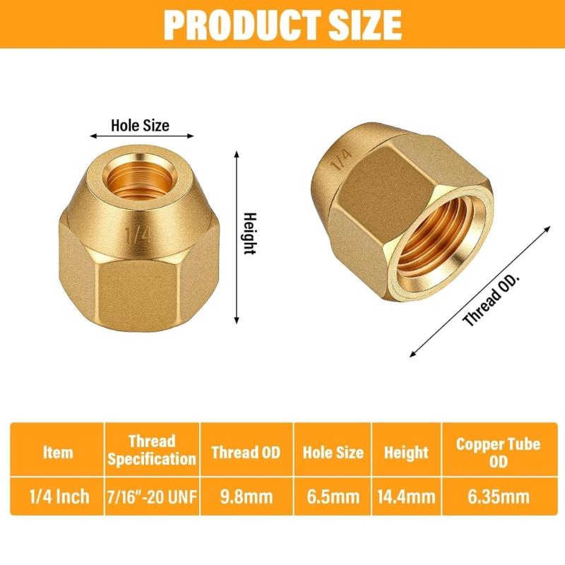 10Pcs Brass Flares Nuts Copper Pipe Extension Joint Connectors Replacement Flares Tube Fittings Easy To Installation
