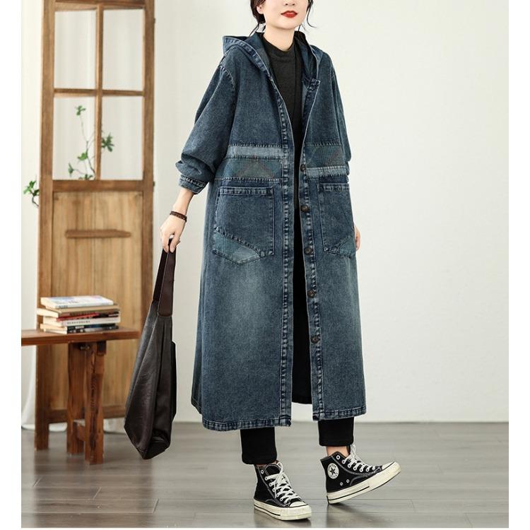 European Style Patchwork Denim Jacket Women Hooded Loose Fit Long Trench Coat Autumn Oversized Outerwear Plus Size