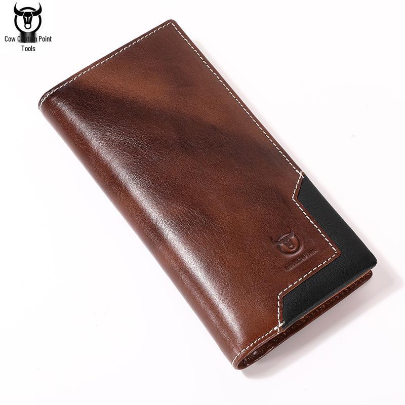 Portofel Lung Bifold Retro pentru Bărbați din Piele Naturală de Vacă Captain - Ceară de Ulei, Portmoneu pentru Monede de Capacitate Mare