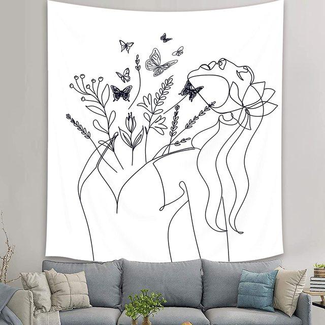 Abstract Woman Tapestry Aesthetic Boho Home Decor Butterfly Fabric Wall Hanging Modern Flower Plant Bedroom Office Decoration