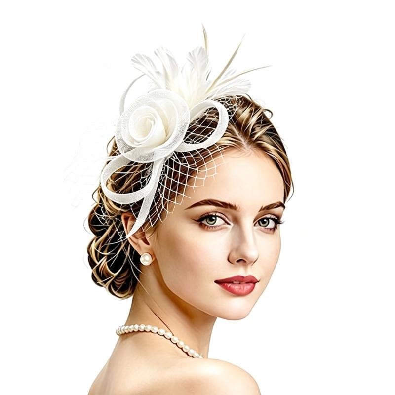 Race Day Fascinator Headpiece with 3D Flower, Feather Decors, Netted Veil and Clip-and-Headband Attachment for Cocktails Party