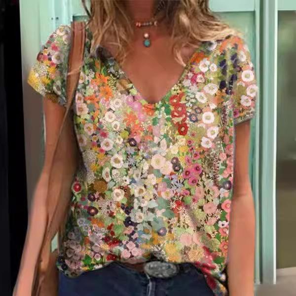 Summer Scenery Flowers Plants 3D Printed Short Sleeved T-shirt Women's Loose Short Sleeved Top V-neck T-shirt