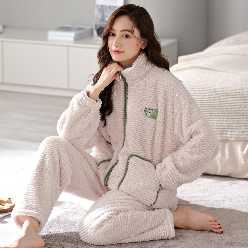 Pyjama Damen Winter Korallenfleece Verdicktes Fleece Herbst und Winter Flanell Winter Thermische Loungewear
