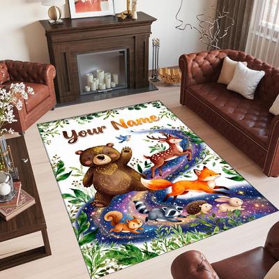 Forest Nature Theme Crystal Velvet Rug Personalized Custom Name Text Soft Floor Mat Home Decor