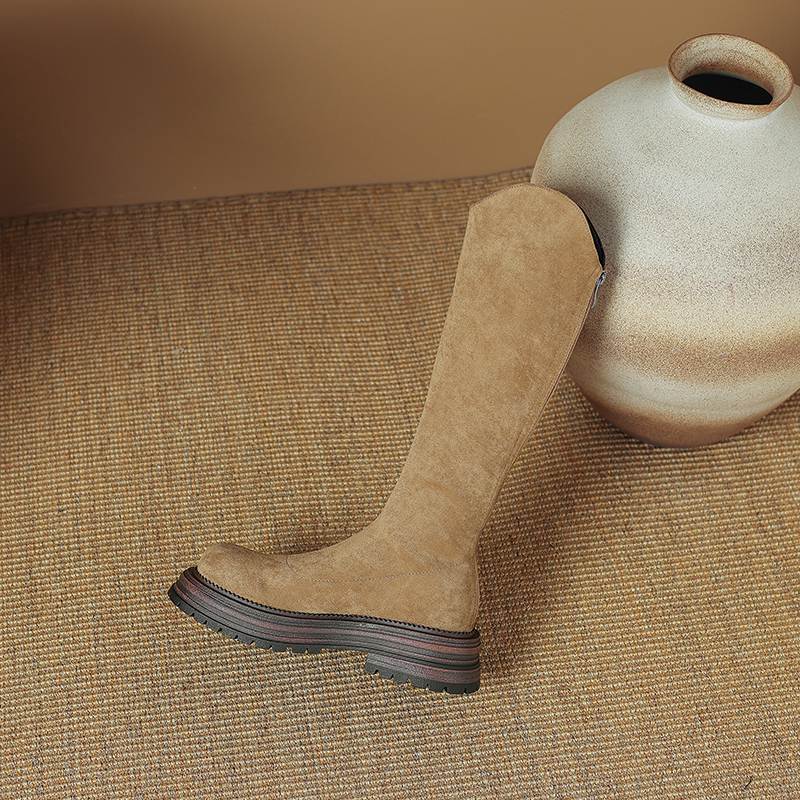 Krazing Pot Flock Autumn Winter Shoes Thick Med Heels Flat Platform Size 43 Modern Boots Stretch Knee Boots