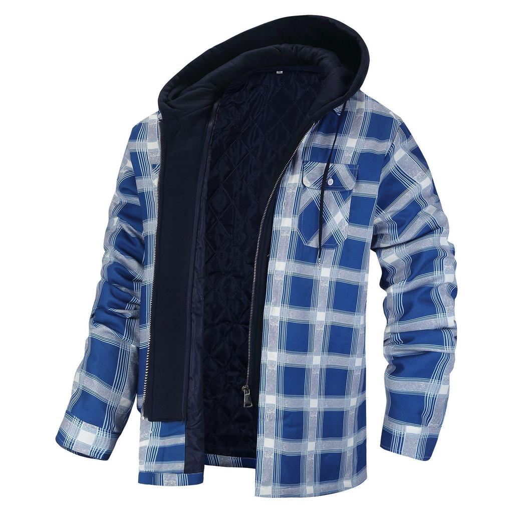 Men's Clothing European and American Autumn and Winter Thickened Cotton-padded Plaid Long-sleeved Loose Hooded Jacket