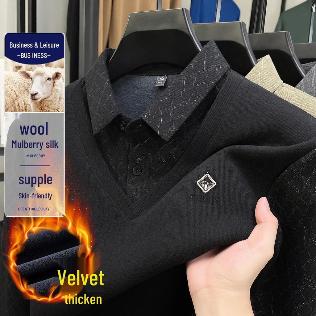 Men's Middle-Aged & Elderly Business Casual Faux Two-Piece Sweater - Warm, Velvet-Enhanced Knit Base Layer with Lapel