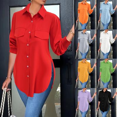 Women's Solid Color Long Sleeve POLO Collar Slim Fit Shirt