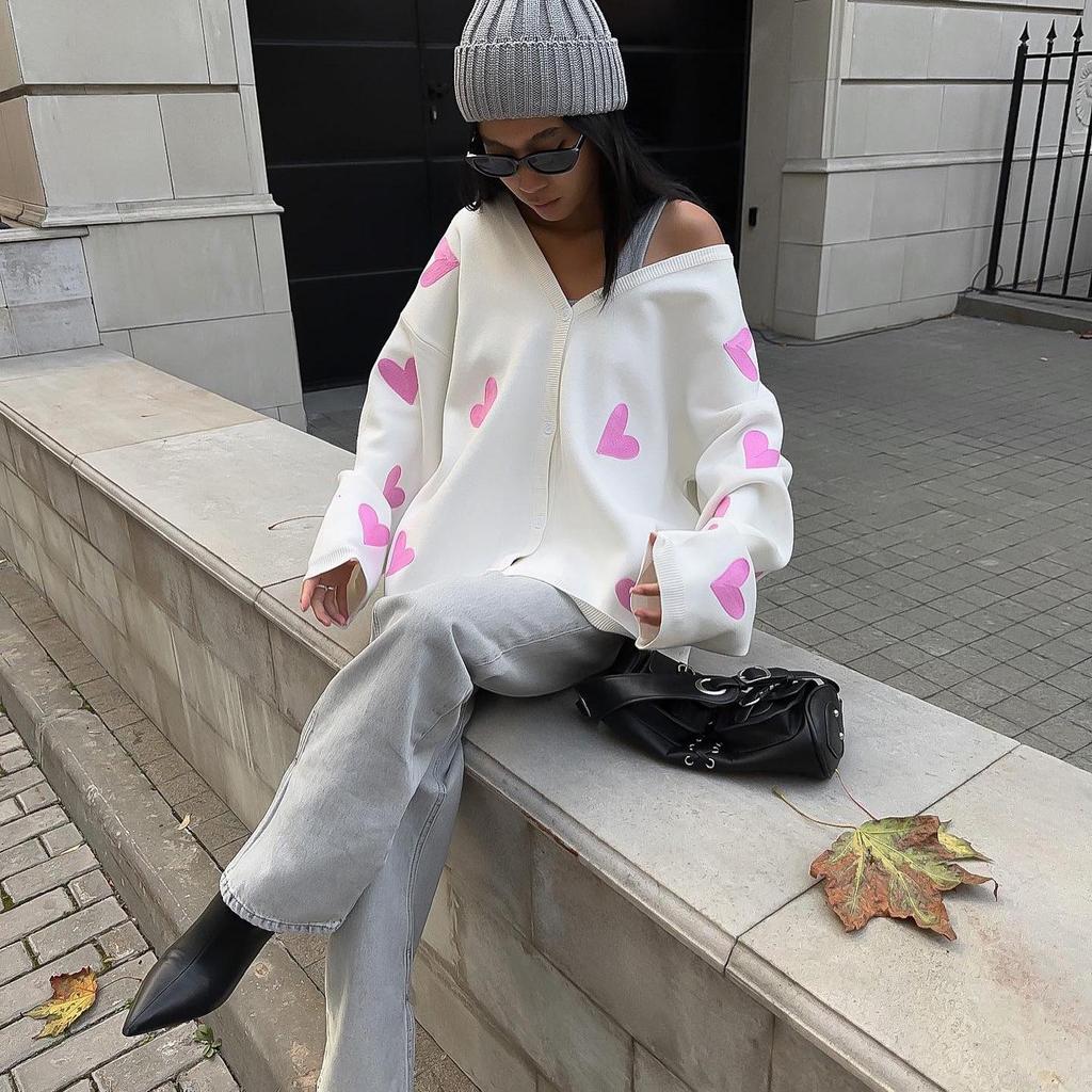 2023 European & American Style Women's Heart Embroidered Wool Cardigan - Long Sleeve, Thick Knit for Autumn & Winter