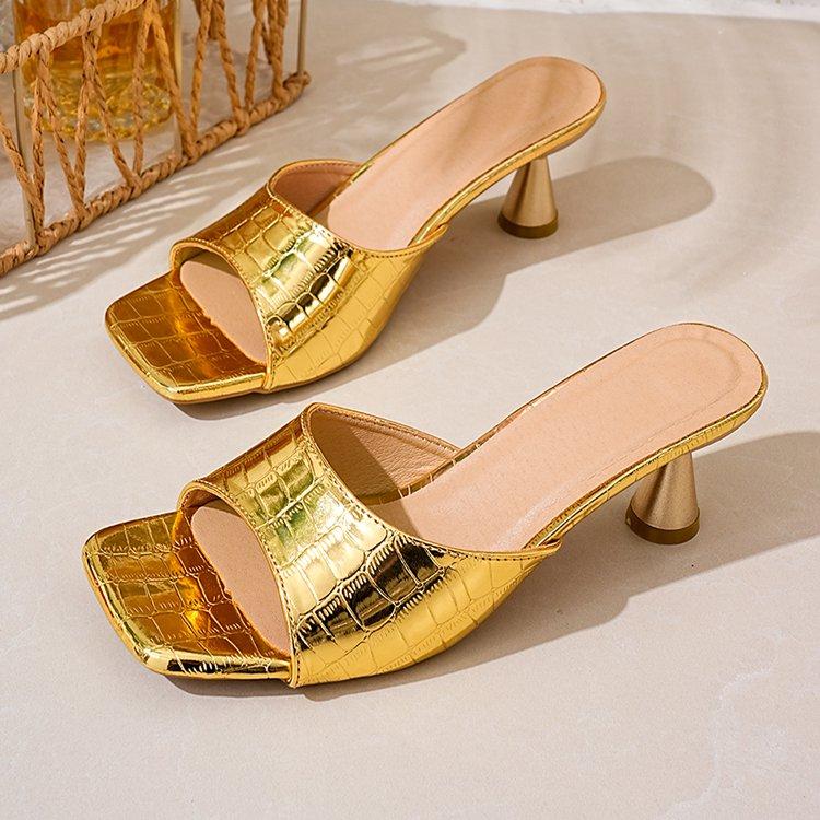 Dames Metallic Krokodillenprint Vierkante Neus Mules Hoge Hak Slip-On Elegante Jurk Sandalen voor Prom Kantoor Dagelijks Gebruik Slippers 41 beige