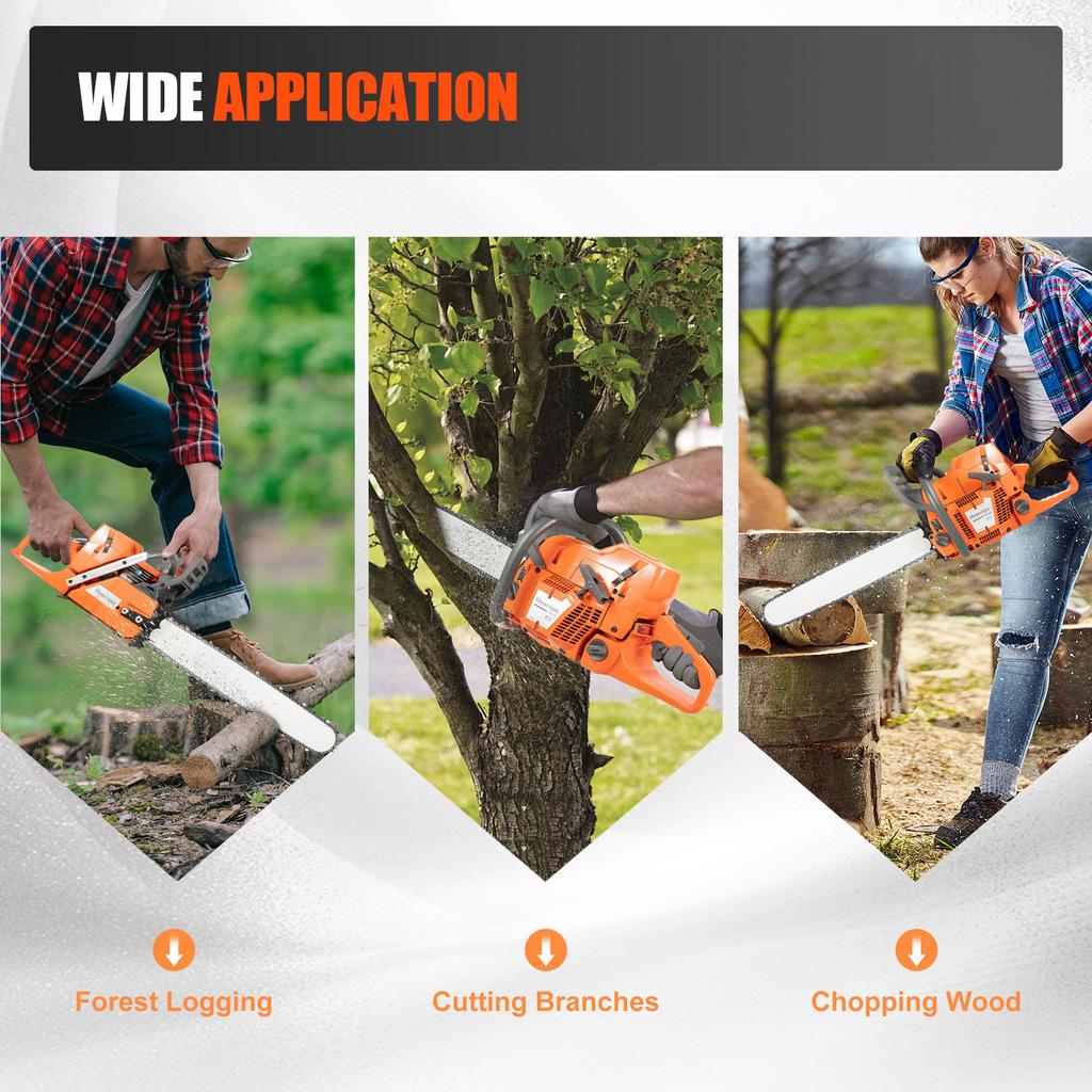 72CC Gas Chainsaw 3.9KW 24 inch 2-Stroke Handheld Cordless Orange Chain Saws for Wood Cut