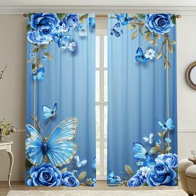 2Pcs Blue Butterfly Flower Print Curtains,suitable for Bedroom,living Room Kitchen Decoration,home Decoration,window Decoration