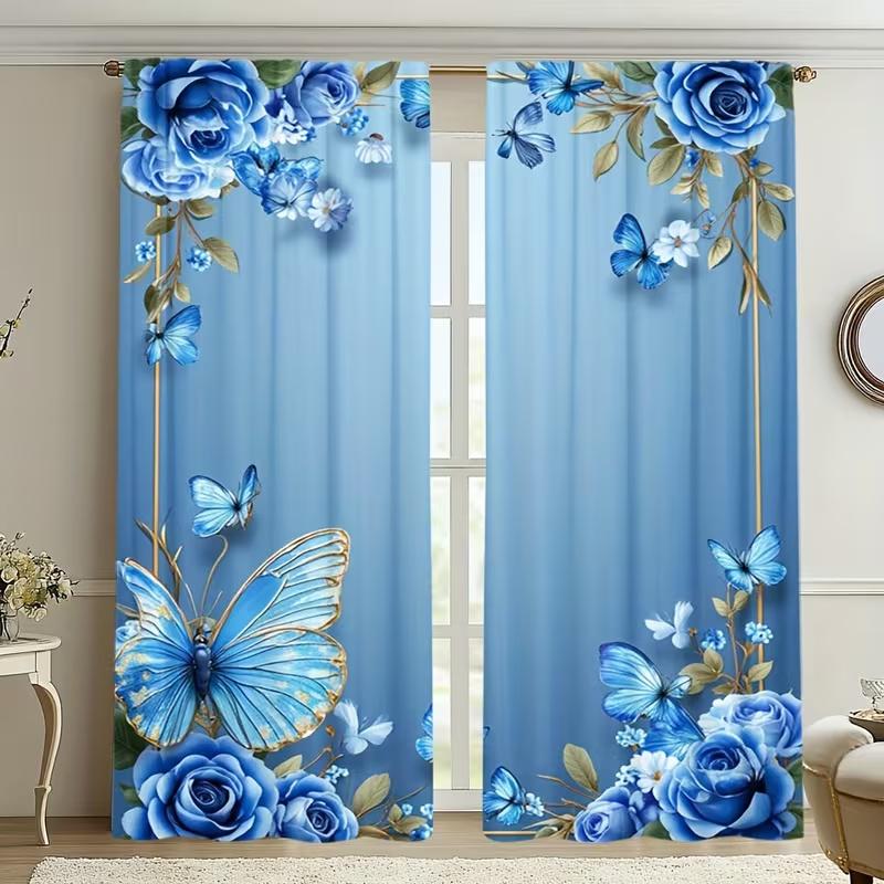 2Pcs Blue Butterfly Flower Print Curtains,suitable for Bedroom,living Room Kitchen Decoration,home Decoration,window Decoration
