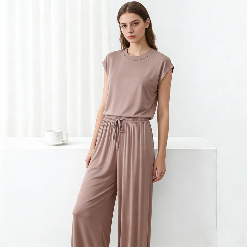 Modal Loose Homewear Set O-neck Tshirts Short Sleeves and Wide Leg Pants Casual Streetwear Suit All Match