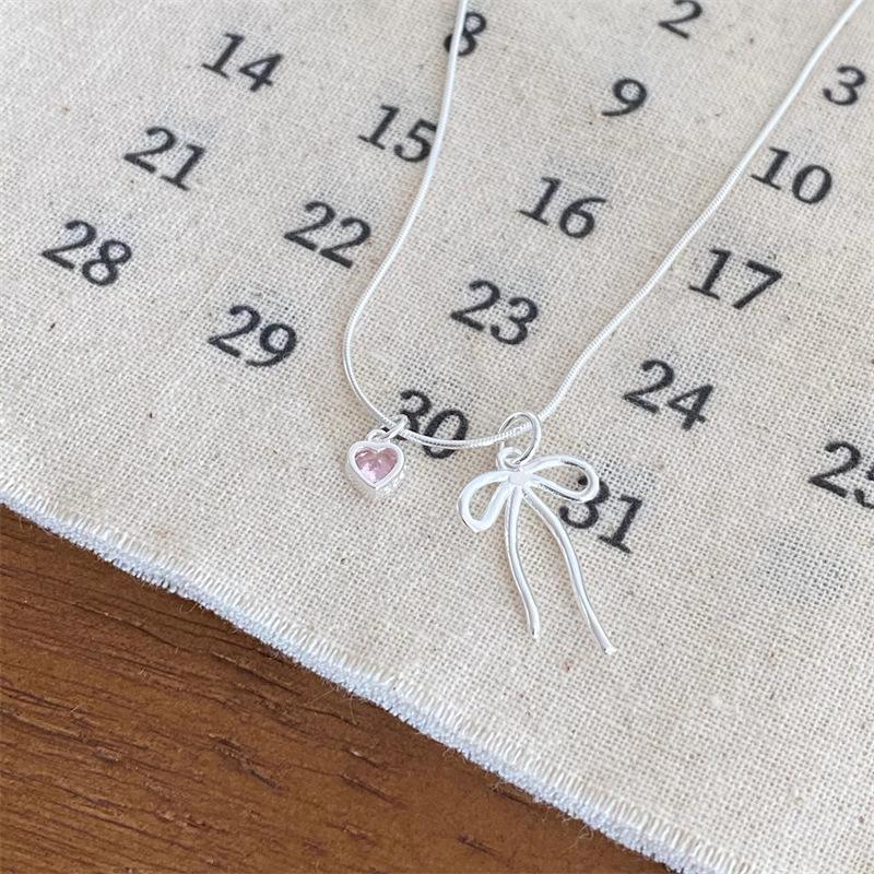 925 Sterling Silver Delicate Love Pink Diamond Bow Necklace ins Snake Bone Chain Collarbone Chain