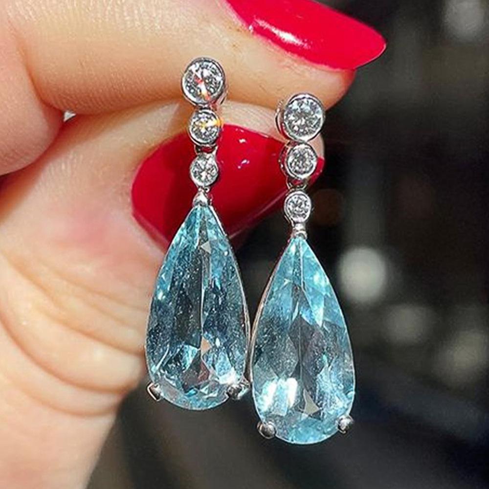 Sweet And Luxurious Jewelry, European And American Sparkling Personality, Bride'S Wedding, Blue Zircon Earrings
