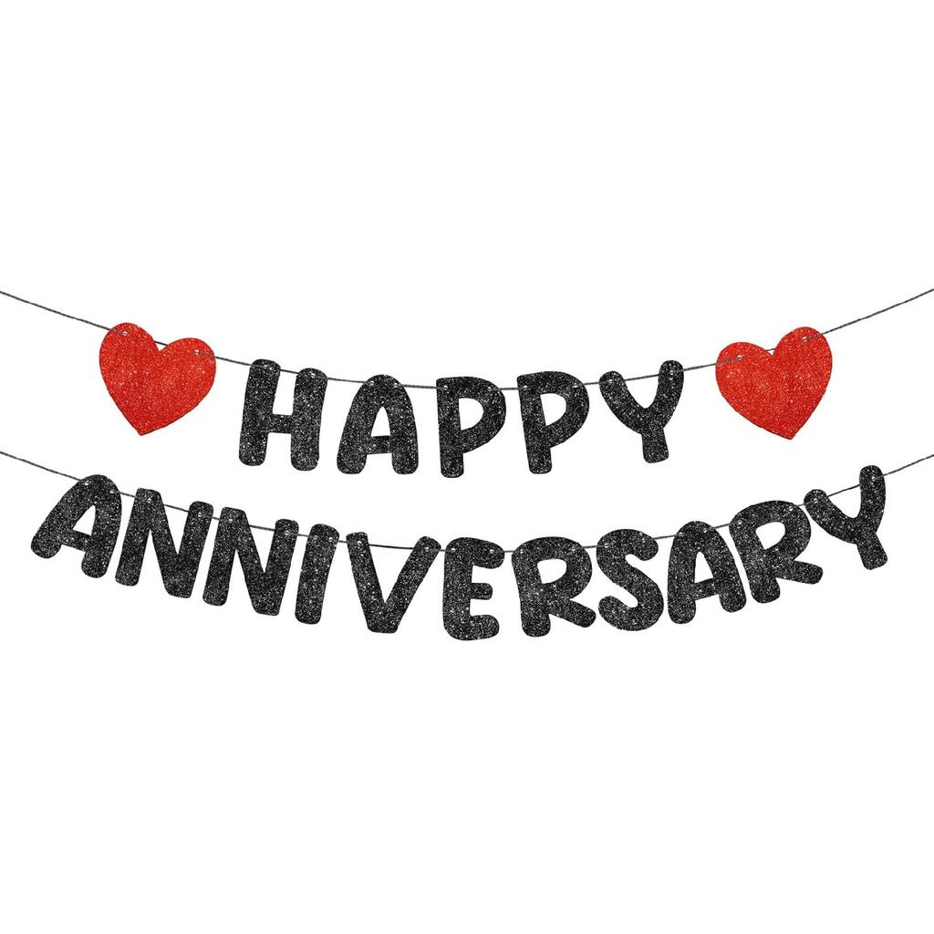 Fulmoon Happy Anniversary Banner Glitter Happy Anniversary Decorations Wedding Party Banner Romantic Decorations No DIY Pre-strung for Wedding Party