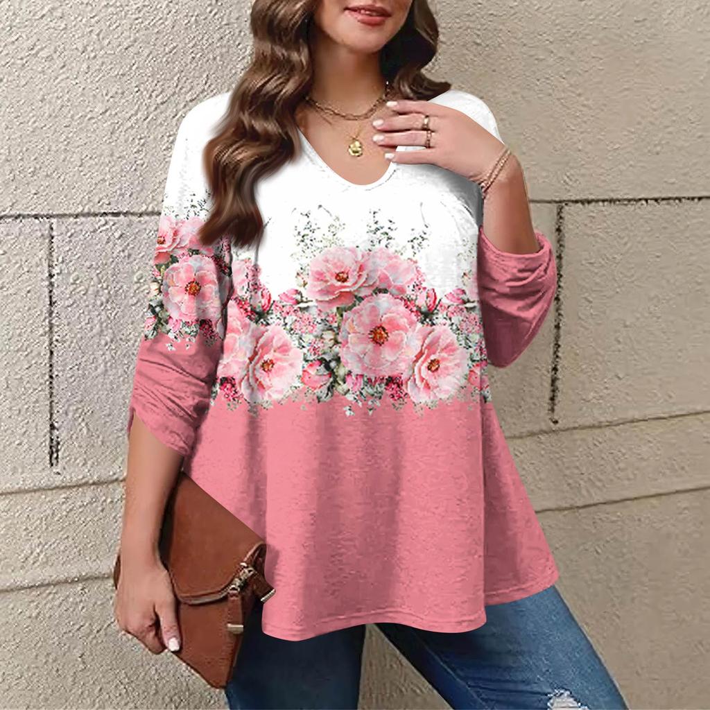 Women's Plus Size Fashion Printed Casual Pleated Round Neck Long Sleeve Top