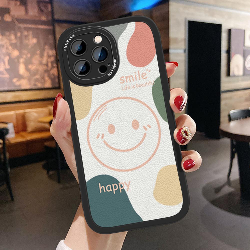 Slim Skin Feeling Cartoon Happy Smile Soft Silicone PU Leather Cover Phone Case for iPhone Samsung Huawei Honor Xiaomi Redmi OPPO Realme Vivo
