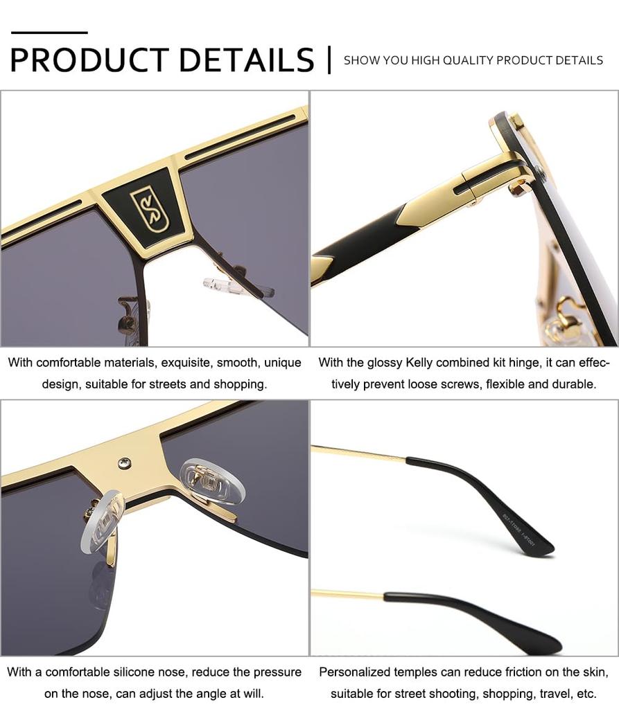 Retro Oversized Sunglasses for Men and Flat Vintage [SHEEN KELLY] Women, Square, Rimless, Top,