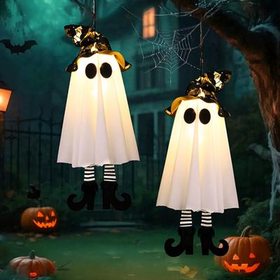Halloweenské závěsné duchy s čarodějnickým kloboukem, svítící duch, světla čarodějnického klobouku, strašidelné zahradní party dekorace