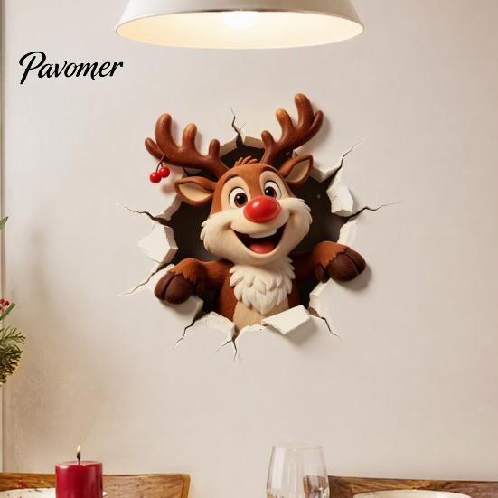 Waterproof PVC Wall Art Christmas Reindeer Decal, 3D Hole Illusion Red Nose Rudolph Sticker, Elk Window Clings Peel And Stick Decor for Kids Room Easy