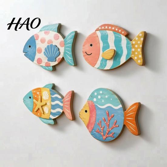 Coastal Wall Art Decor 4PCS Aspen Wood Fish Decor, Colorful Hanging Children Room Nautical Art, Beach Theme Decorative Plaques for Bathroom Living
