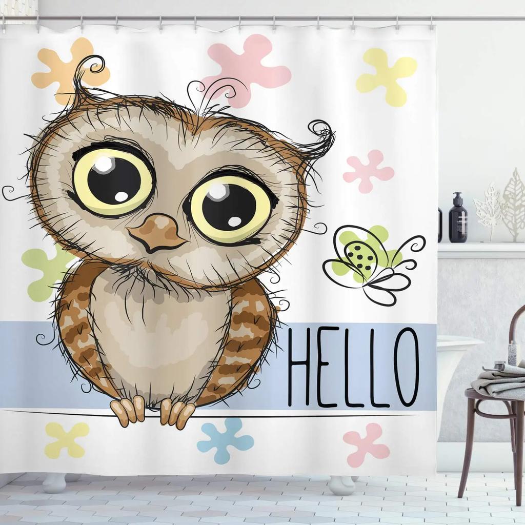 Rideau de douche Hibou Lunaire Forêt Enchantée Oiseau Fleur Papillon Fantaisie Fée Arbre Lanternes Ciel Nocturne Décoration Salle de Bain Ensembles
