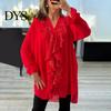 Loose Fit Women Top Shirt V-Neck Long Sleeve Ruffle Trim Chiffon Single Comfortable Blouse Breasted Solid Color Regular Casual Tops