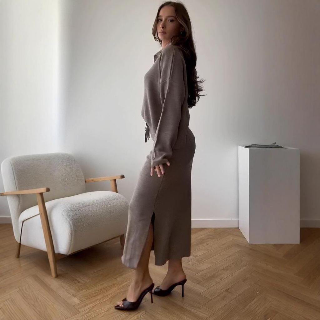 Podzim 2025 Evropský a americký styl Dámský pletený top s límečkem a midi sukně set