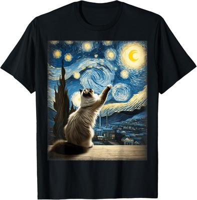 T-shirt Artistica Gatto Ragdoll Stile Notte Stellata di Van Gogh