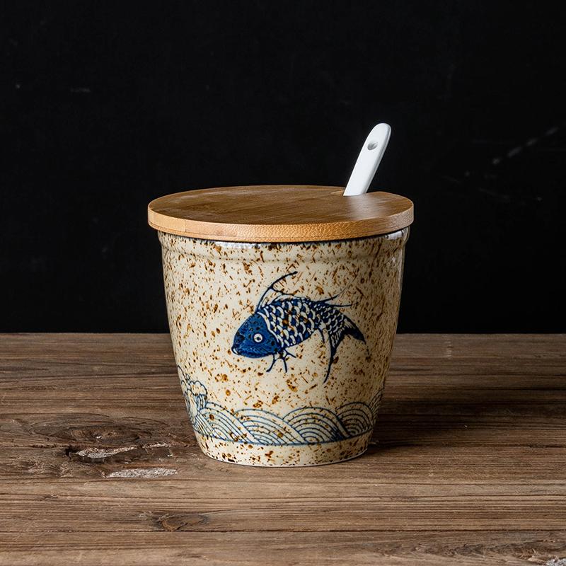 Retro Style Ceramic Spice Jars with Underglaze Painting, Household Kitchen Storage Containers for Spices and Seasonings