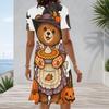 Women Plus Size Round Neck Short Sleeve A Line Halloween Bear Pumpkin Printed Dress