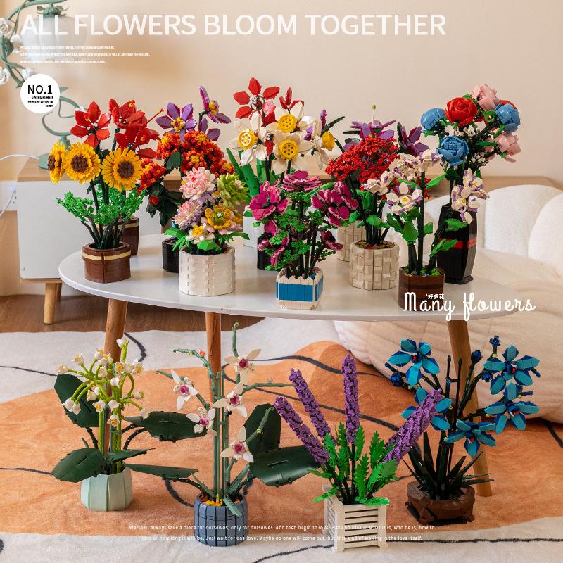 Kreativer Blumenstrauß Bausteine Rote Rose Blaue Rose Vase Mondblume Orchidee Topfpflanze Lavendel Steine DIY Spielzeug Valentinstagsgeschenk
