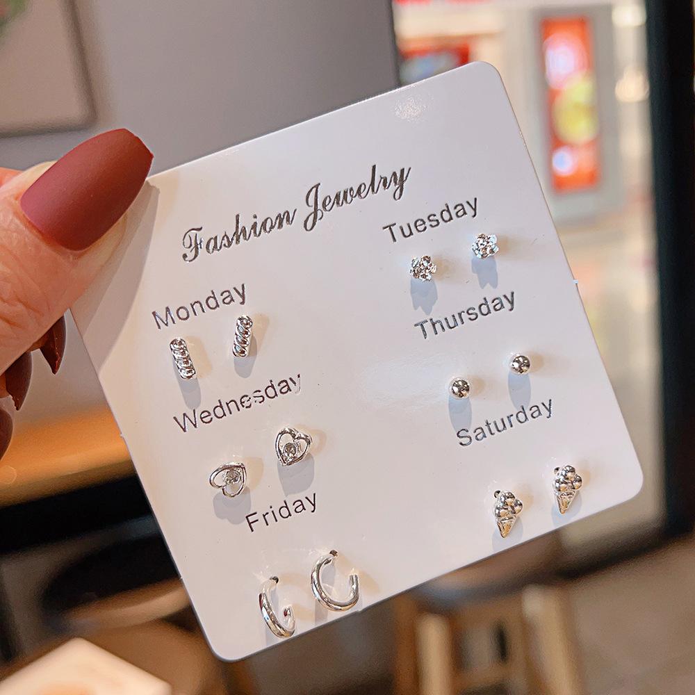 New small fresh one-week stud earrings set 1 pair combination Korean version sweet love bow fairy temperament earrings