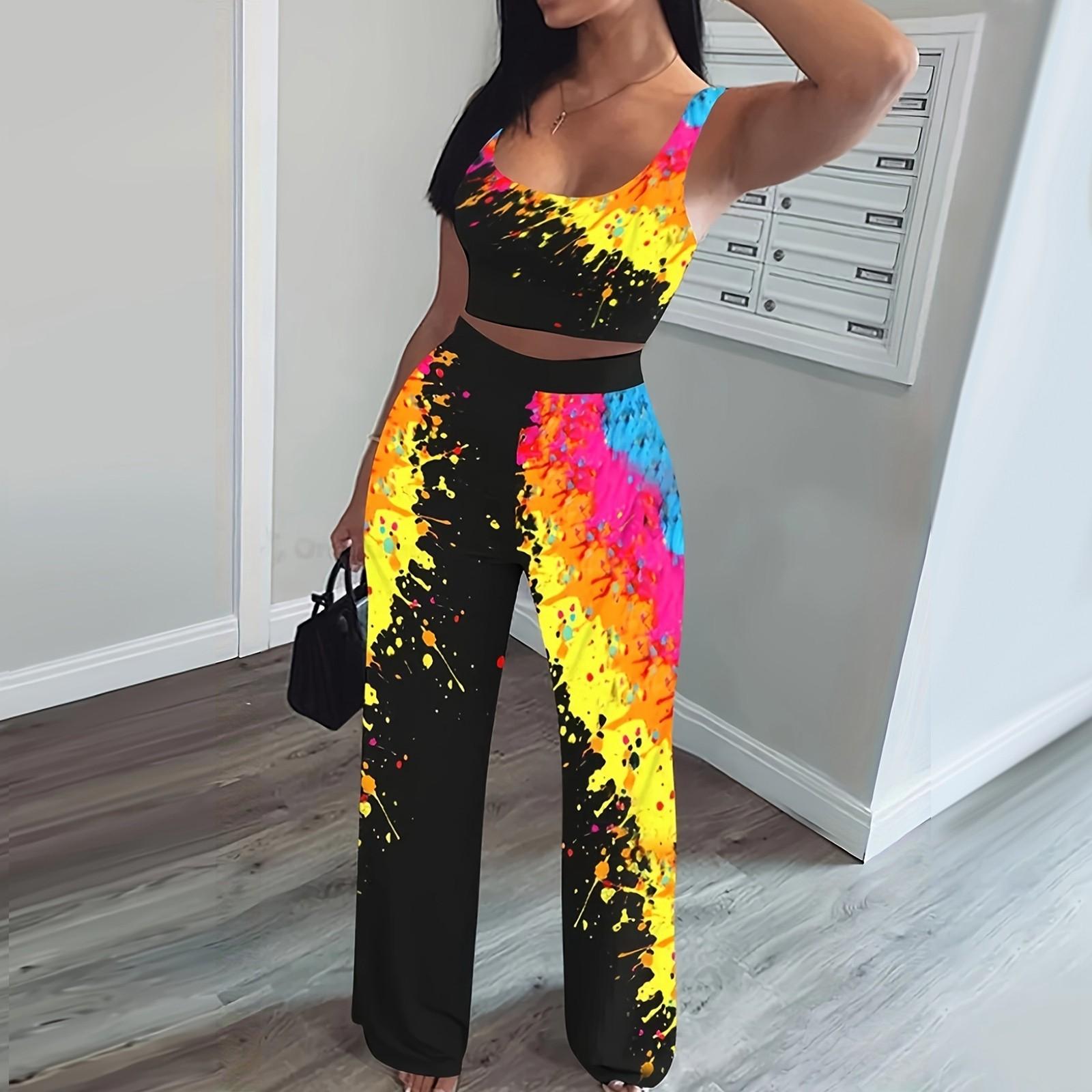 

Женский повседневный и модный комплект из двух предметов: жилет без рукавов и брюки с принтом XL жёлтый